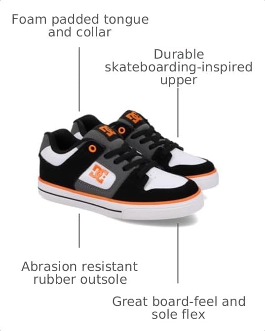 DC Kids' Pure Elastic Skate Shoe Black/Grey/Orange